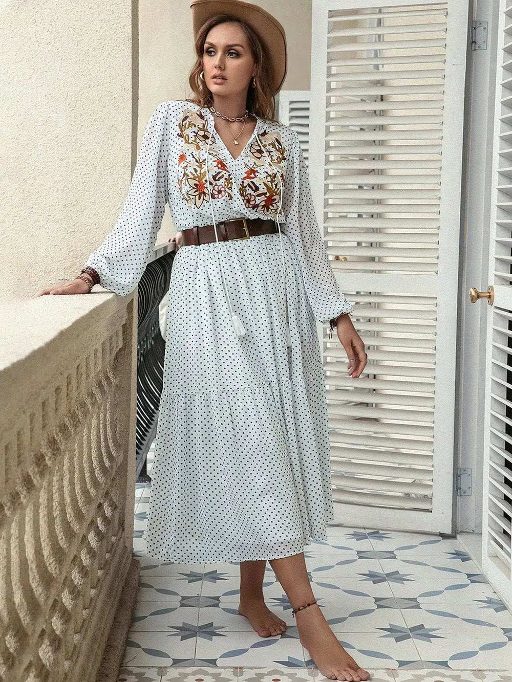 Plus Size Printed Tie Neck Long Sleeve Midi Dress - Trendsi - Flyclothing LLC