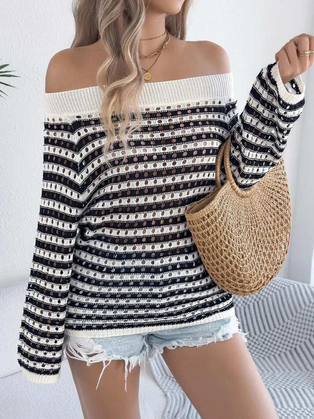 Openwork Striped Off-Shoulder Knit Top - Trendsi - Flyclothing LLC
