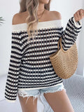 Openwork Striped Off-Shoulder Knit Top - Trendsi - Flyclothing LLC