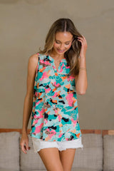 Sew In Love Wrinkle-Free Floral Notched Tank - Trendsi - Flyclothing LLC