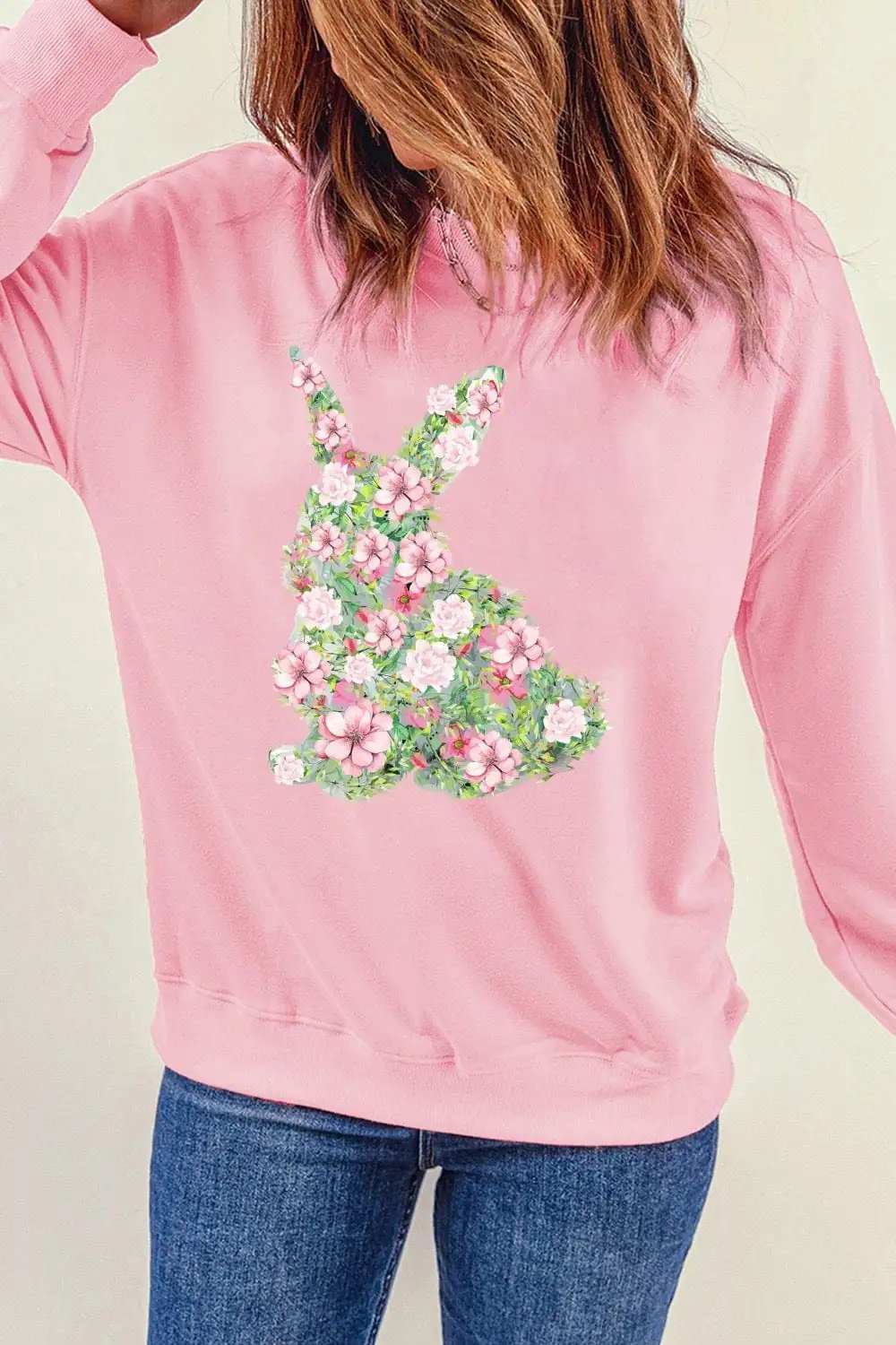 Floral Bunny Round Neck Long Sleeve Sweatshirt - Trendsi - Flyclothing LLC