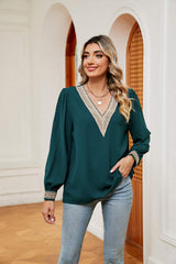 Contrast Puff Sleeve Blouse - Trendsi - Flyclothing LLC