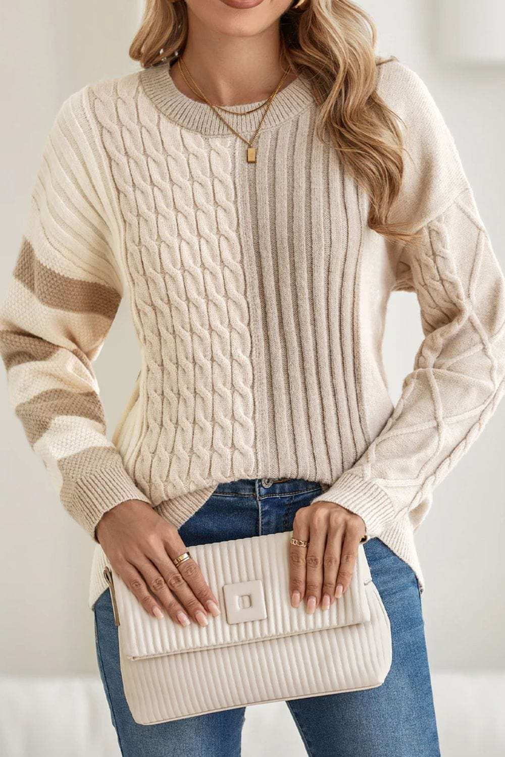 Cable-Knit Color Block Round Neck Sweater - Trendsi - Flyclothing LLC