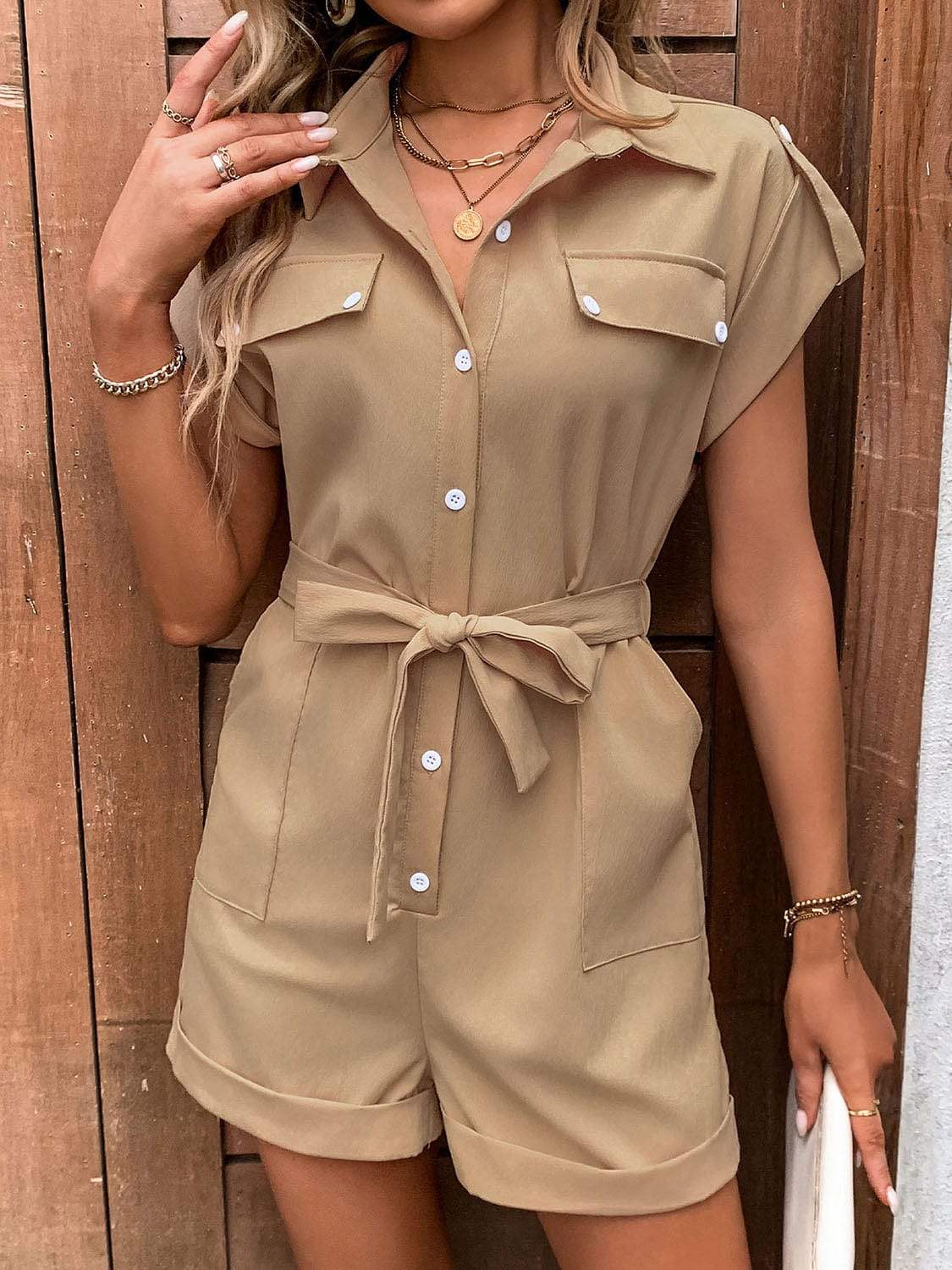 Collared Neck Tie Waist Romper with Pockets - Trendsi - Flyclothing LLC