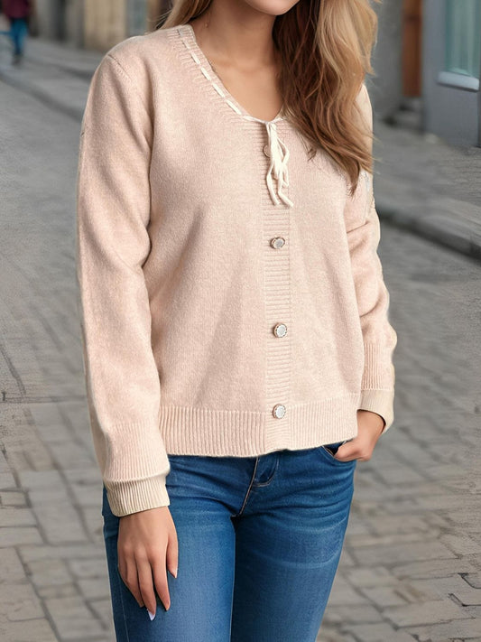 Tied V-Neck Long Sleeve Sweater - Trendsi