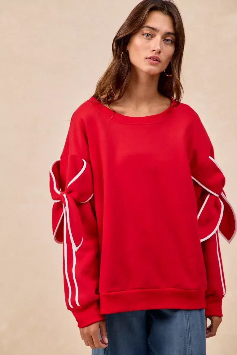 BiBi Bow Detail Sleeves Fleece Sweatshirt - Trendsi - Flyclothing LLC