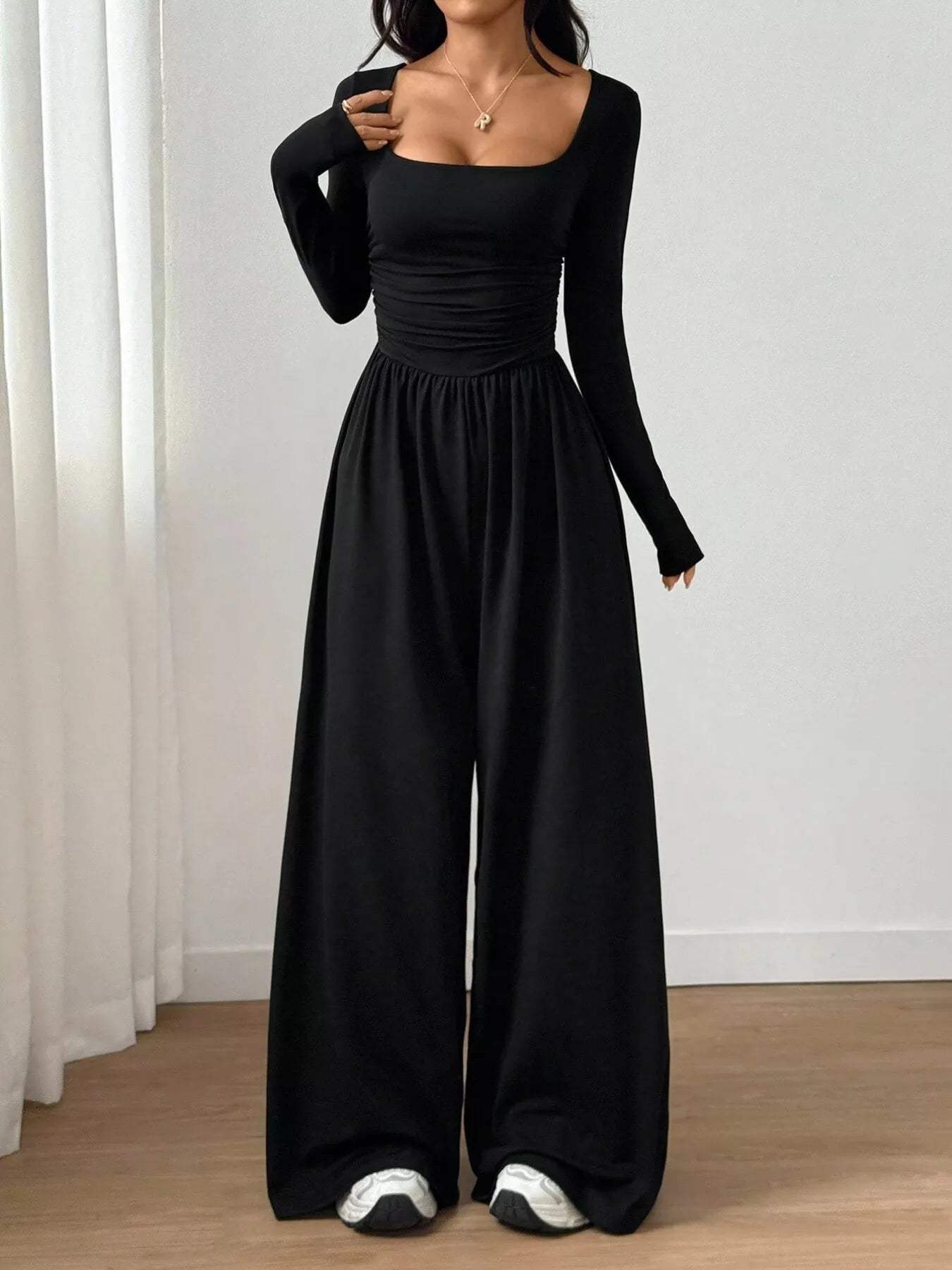 Ruched Square Neck Wide-Leg Jumpsuit - Trendsi - Flyclothing LLC