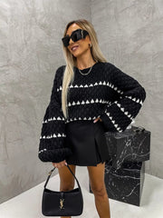 Contrast Round Neck Long Sleeve Sweater - Trendsi