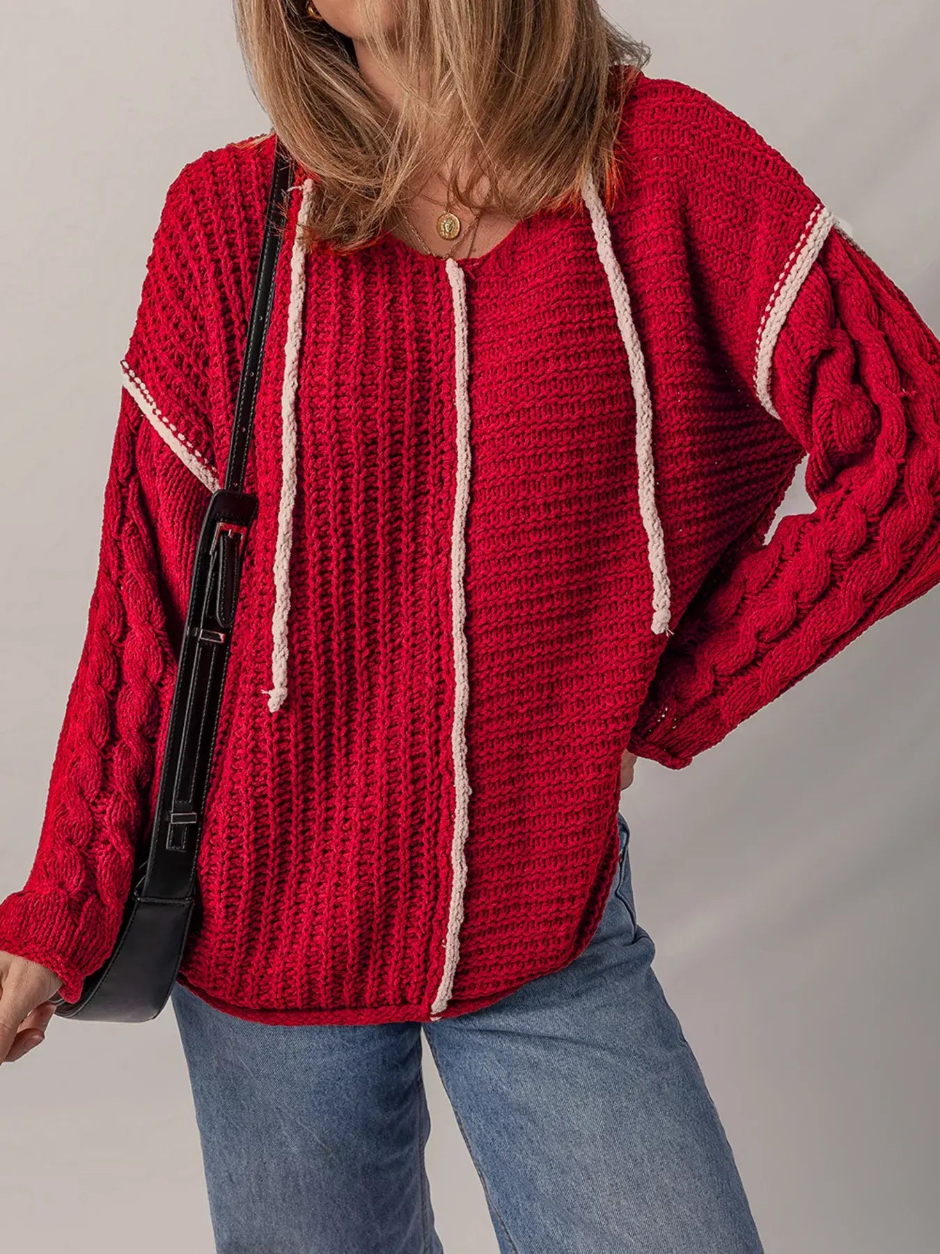 Contrast Trim Textured Knit Drawstring Hooded Sweater - Trendsi - Flyclothing LLC