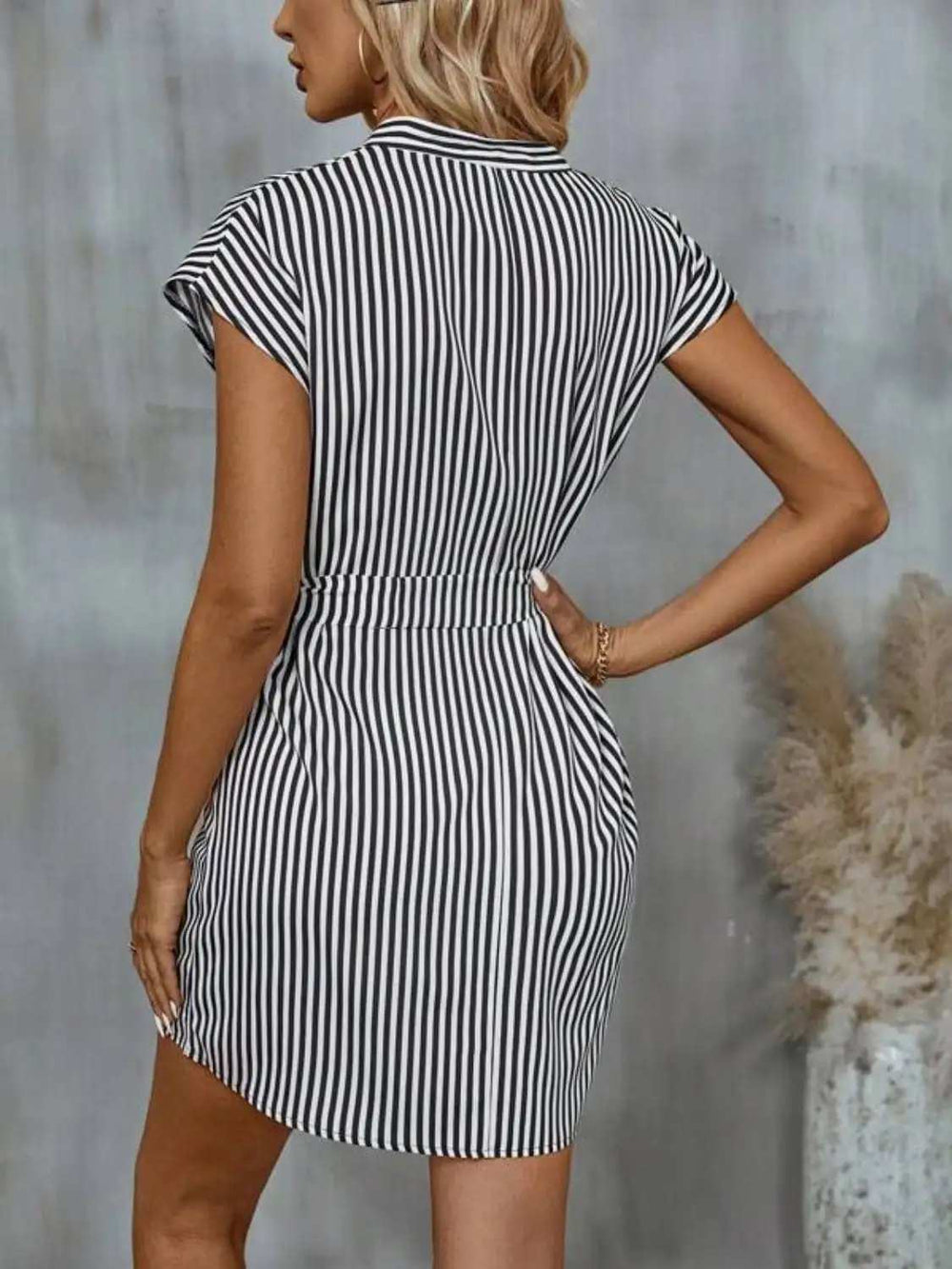 Tied Striped Cap Sleeve Mini Dress - Trendsi - Flyclothing LLC