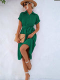 Buttoned Tie Waist Short Sleeve Dress - Trendsi - Flyclothing LLC