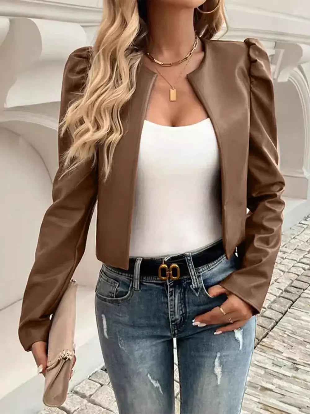 PU Leather Open Front Puff Sleeve Jacket - Trendsi - Flyclothing LLC