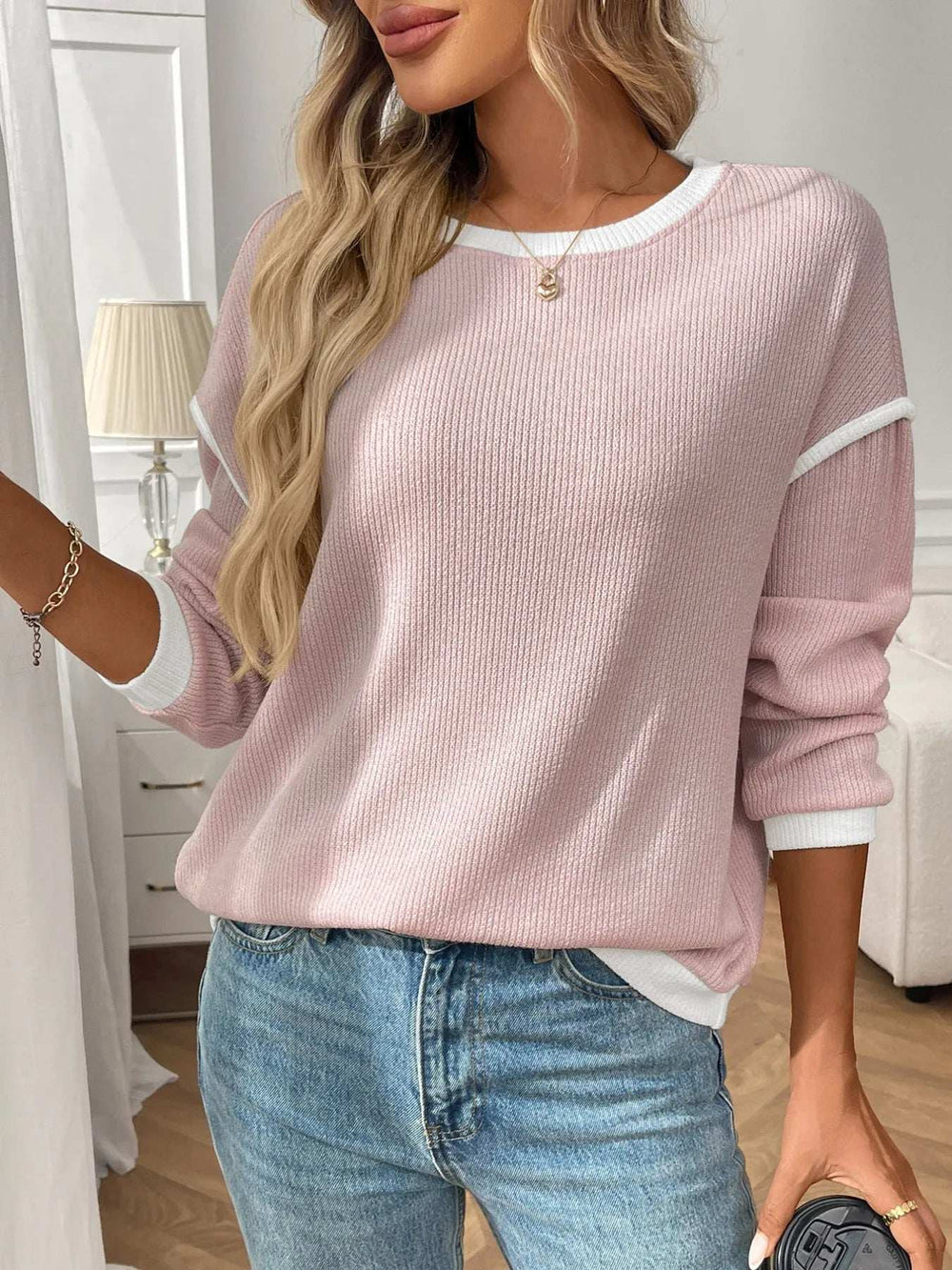 Ribbed Contrast Trim Long Sleeve Top - Trendsi - Flyclothing LLC