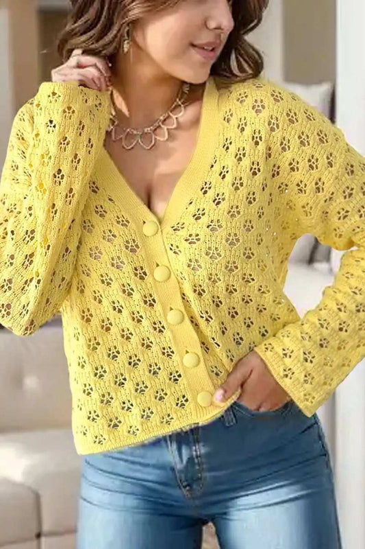 Openwork V-Neck Long Sleeve Cardigan - Trendsi - Flyclothing LLC