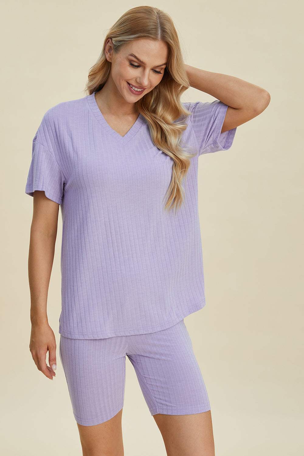 Basic Bae Full Size Ribbed V-Neck Short Sleeve Top and Shorts Set - Trendsi - Flyclothing LLC