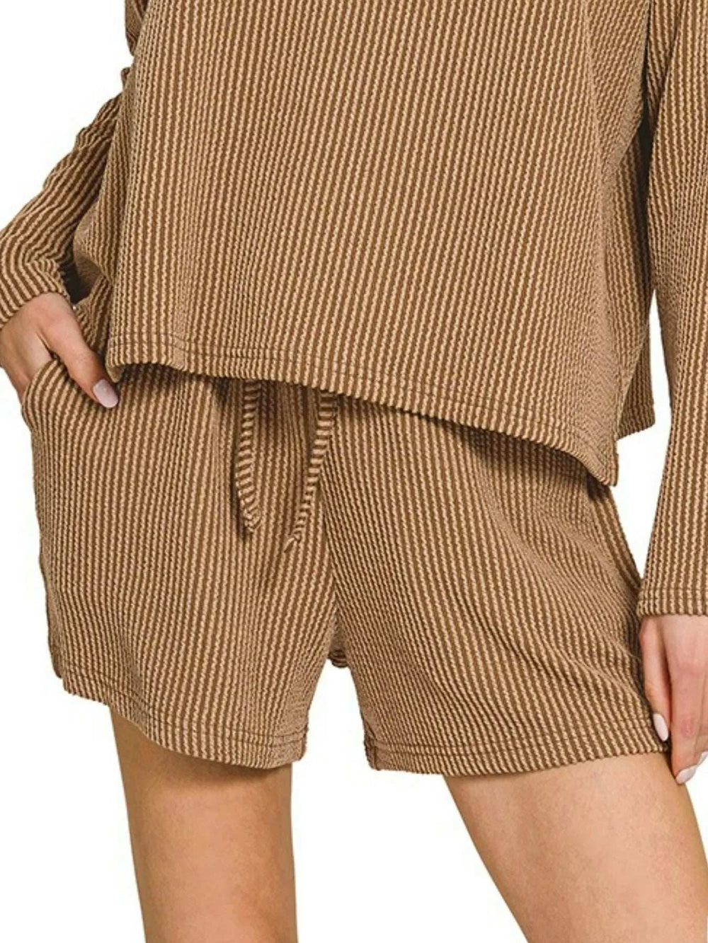 Zenana Corded Rib Long Sleeve Tee and Shorts Set - Trendsi - Flyclothing LLC