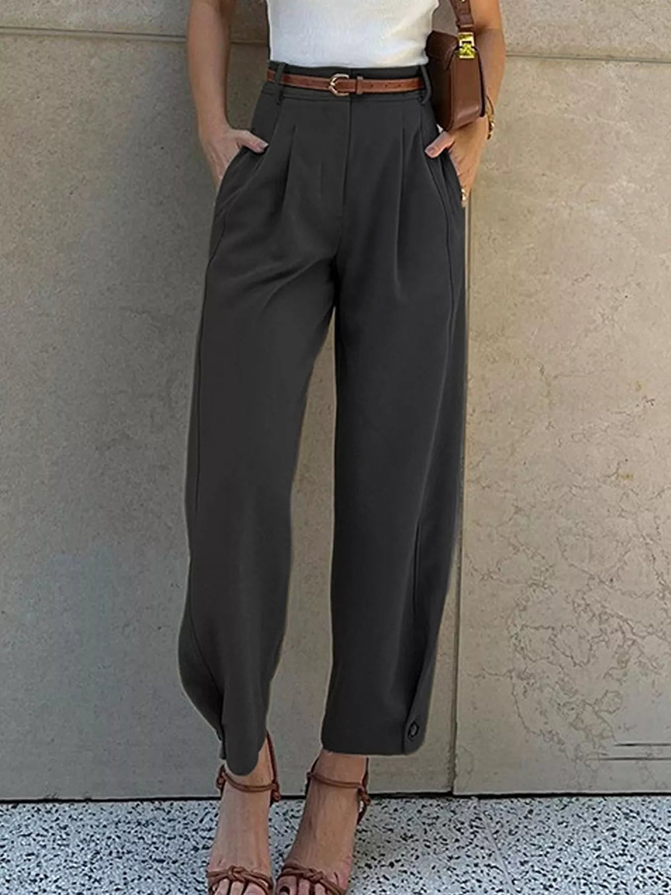 High-Waisted Pleated Pants - Trendsi - Flyclothing LLC