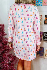 Printed Collared Neck Long Sleeve Lounge Dress - Trendsi - Flyclothing LLC