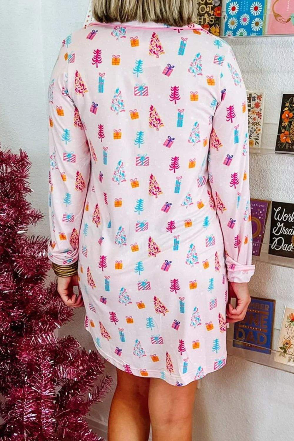 Printed Collared Neck Long Sleeve Lounge Dress - Trendsi - Flyclothing LLC