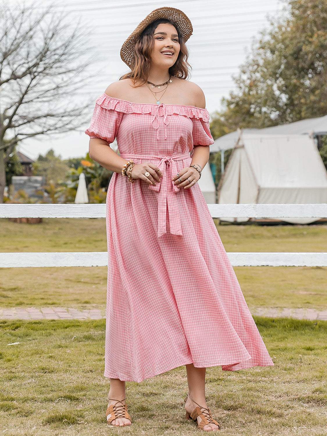 Plus Size Plaid Off-Shoulder Short Sleeve Midi Dress - Trendsi - Flyclothing LLC