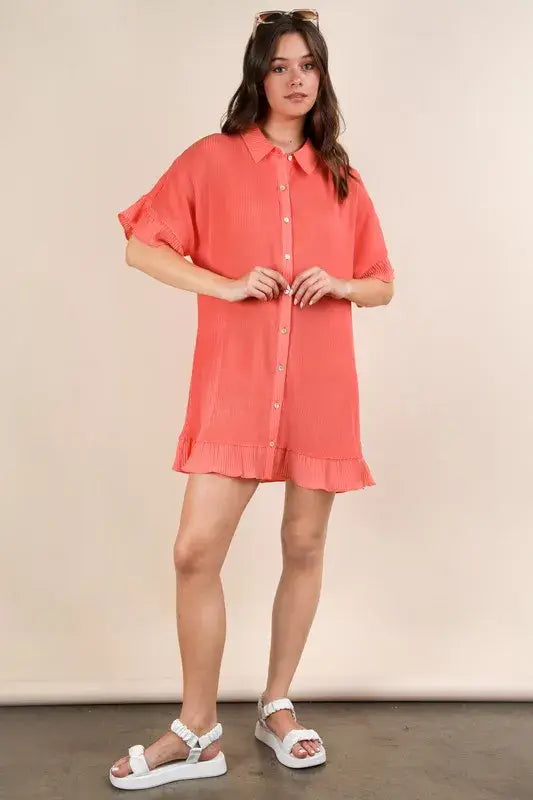 VERY J Pleated Detail Button Down Mini Dress - Trendsi - Flyclothing LLC