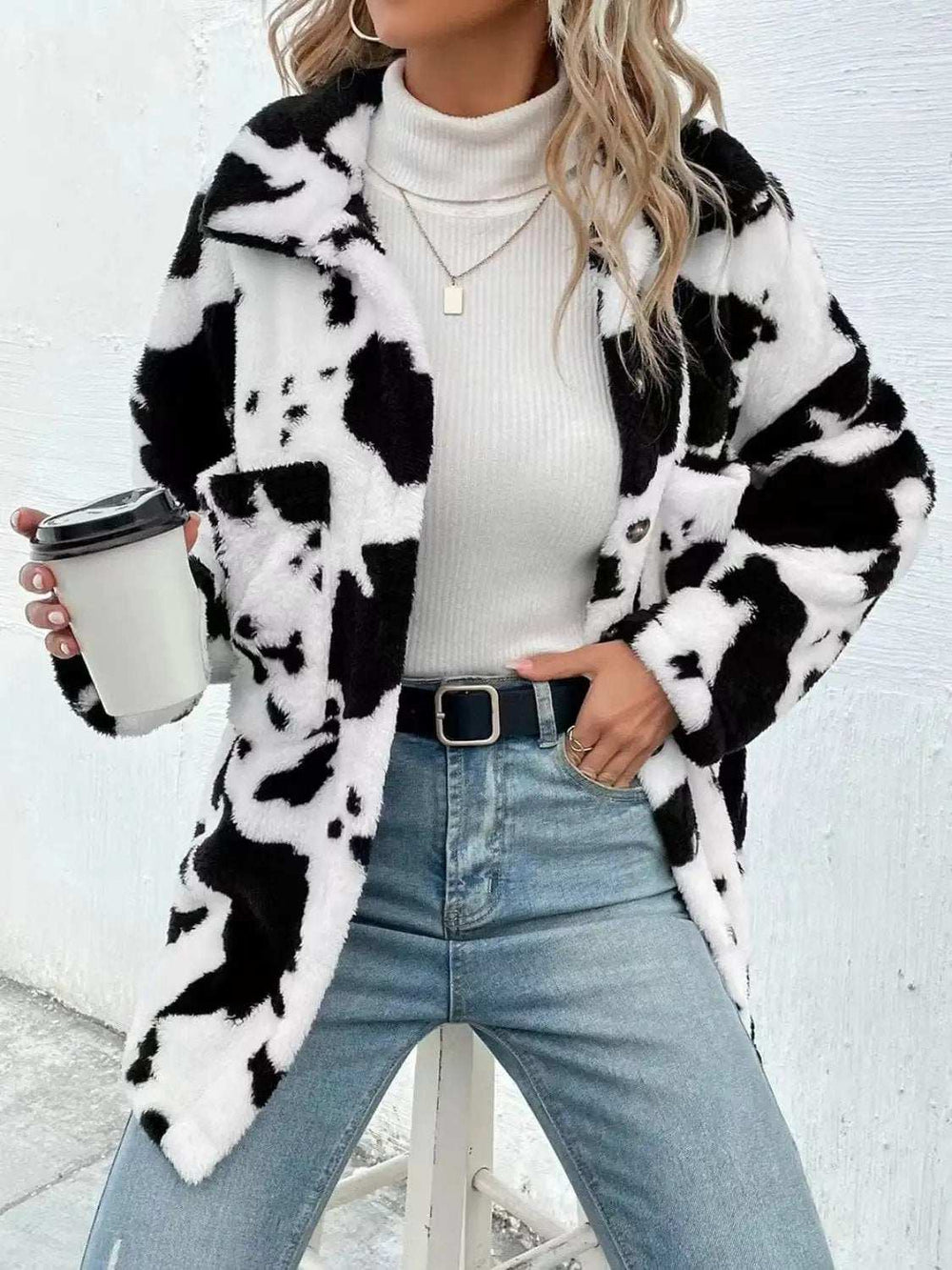 Cow Print Collared Neck Button Up Fuzzy Jacket - Trendsi - Flyclothing LLC