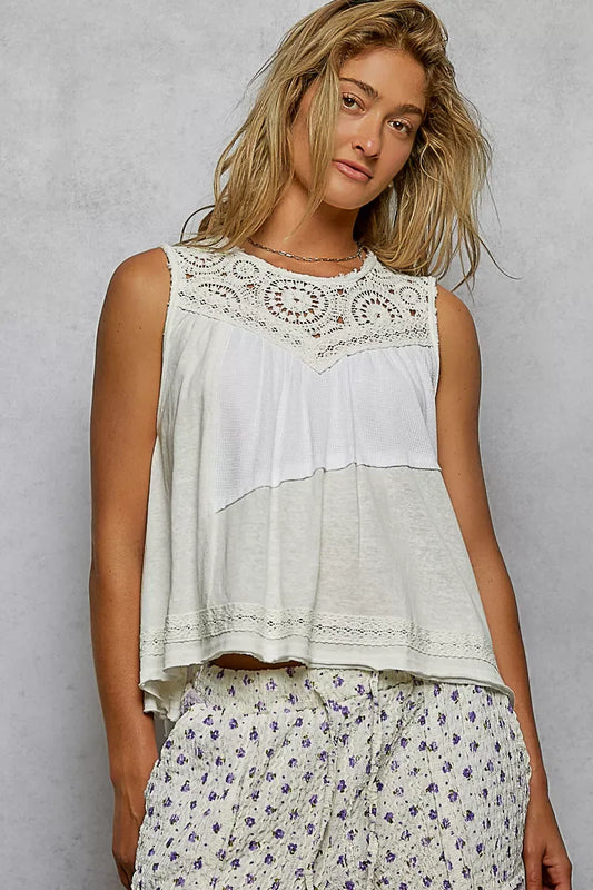 POL Round Neck Sleeveless Top with Crochet Contrast - Trendsi - Flyclothing LLC