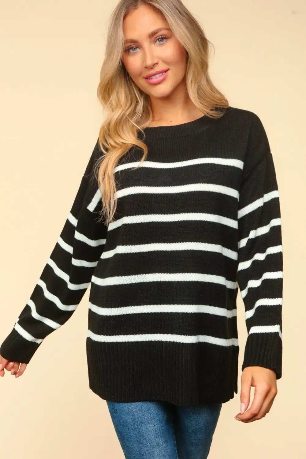 Haptics Full Size Striped Contrast Side Slit Sweater - Trendsi - Flyclothing LLC