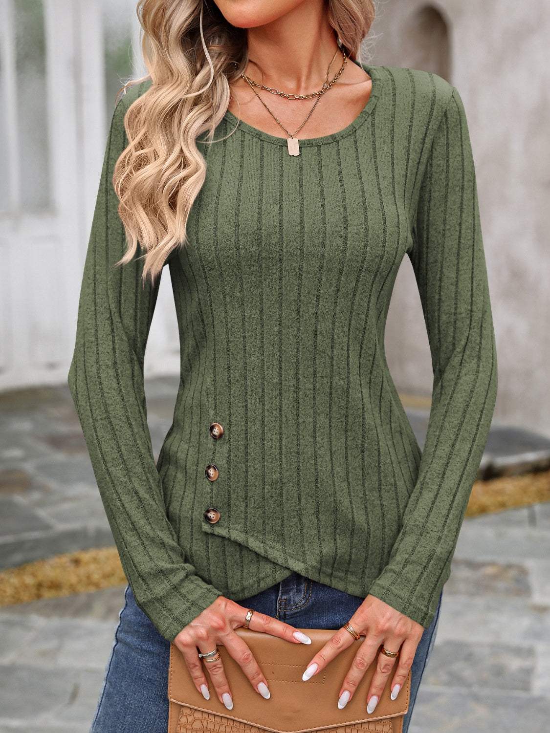 Decorative Button Round Neck Long Sleeve T-Shirt - Trendsi - Flyclothing LLC