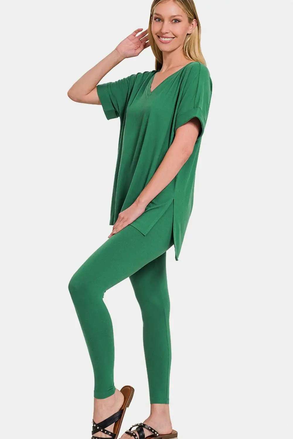 Zenana Full Size V-Neck Rolled Short Sleeve T-Shirt and Leggings Lounge Set - Trendsi - Flyclothing LLC