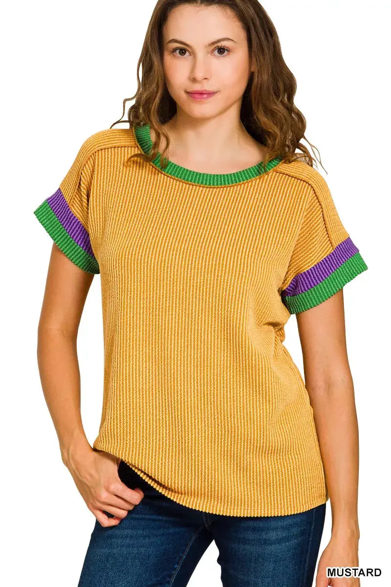 Zenana Mardi Gras Raised Rib Contrast Trim Top - Trendsi - Flyclothing LLC