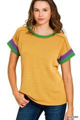 Zenana Mardi Gras Raised Rib Contrast Trim Top - Trendsi - Flyclothing LLC