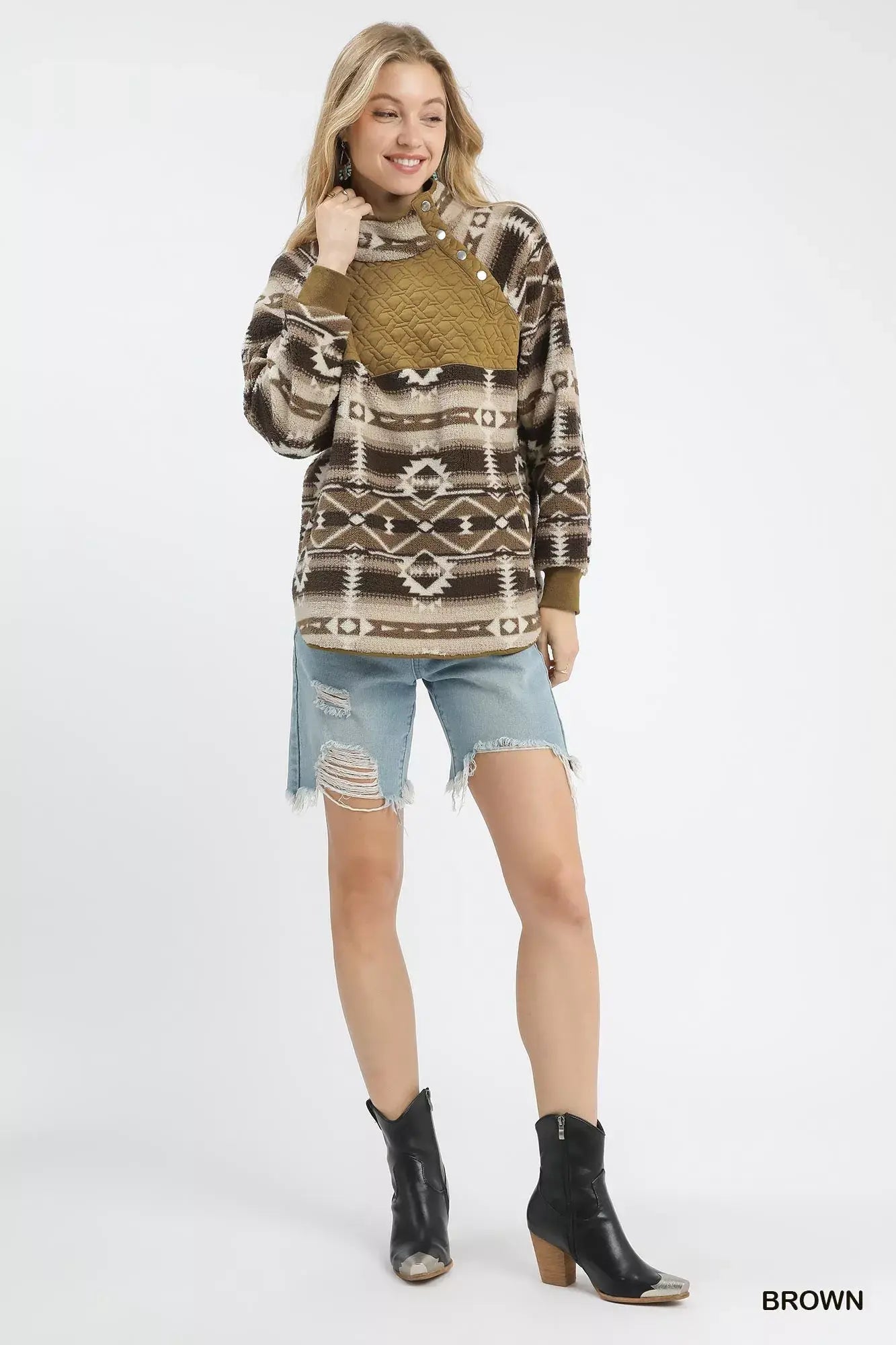 Umgee Aztec Print Sherpa Pullover - Trendsi - Flyclothing LLC