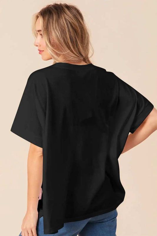 BiBi Sequin Bow Patch Short Sleeve T-Shirt - Trendsi - Flyclothing LLC