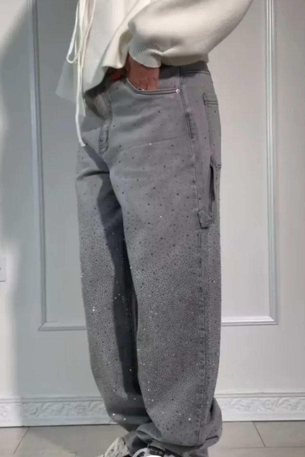 Full Size Washed Rhinestone Detail Wide leg Jeans Plus Size - Trendsi - Flyclothing LLC