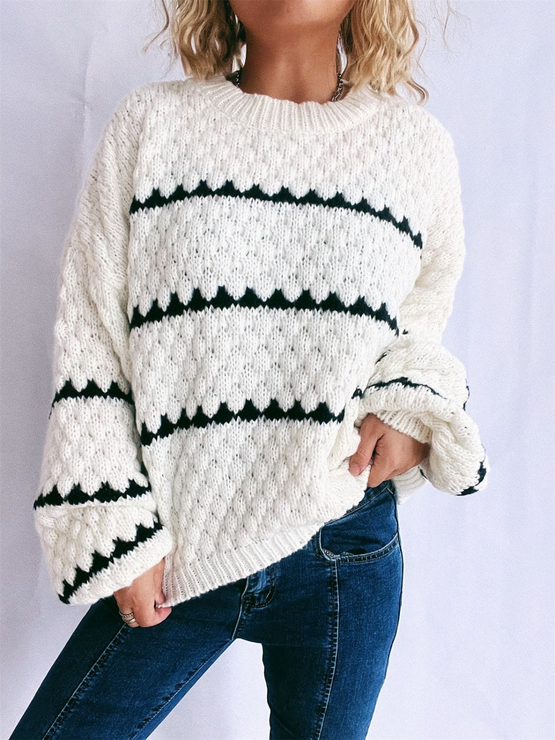 Contrast Stripes Round Neck Long Sleeve Sweater - Trendsi