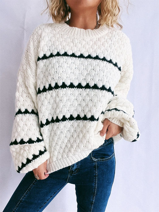 Contrast Stripes Round Neck Long Sleeve Sweater - Trendsi