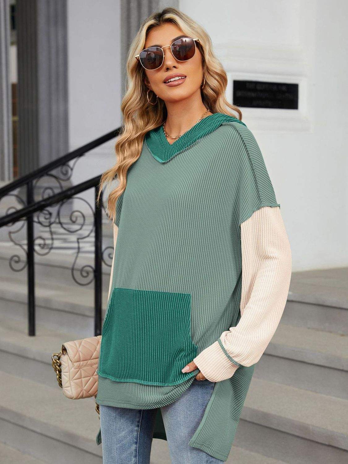 Double Take Contrast Hooded Long Sleeve Top - Trendsi - Flyclothing LLC