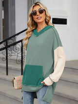Double Take Contrast Hooded Long Sleeve Top - Trendsi - Flyclothing LLC