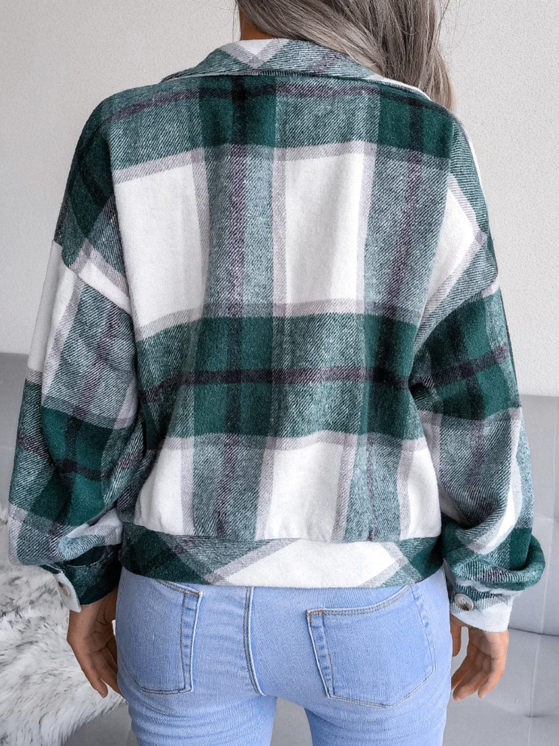 Plaid Collared Neck Long Sleeve Jacket - Trendsi