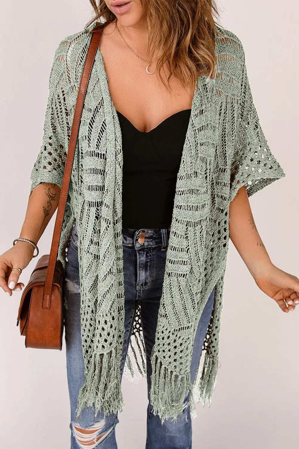 Openwork Open Front Cardigan with Fringes - Trendsi - Flyclothing LLC