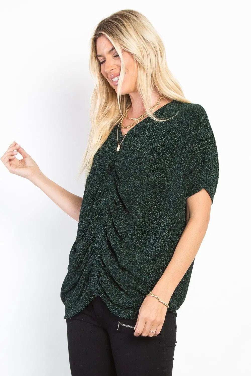 Be Stage Full Size Lurex Center Elastic Cinched Knit Top - Trendsi - Flyclothing LLC