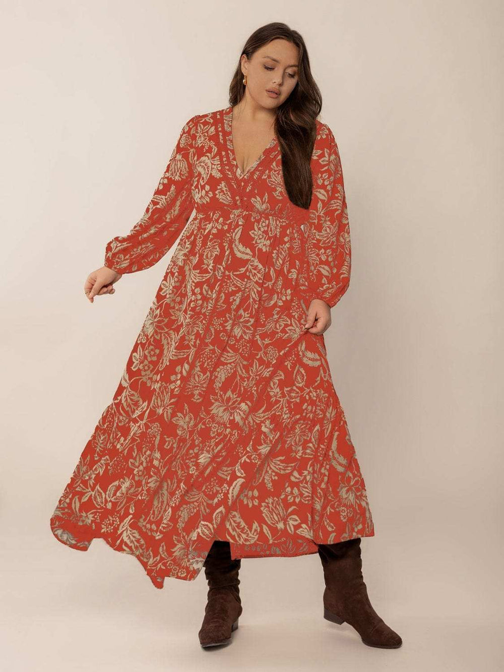 Plus Size Lace Detail Printed Balloon Sleeve Midi Dress - Trendsi - Flyclothing LLC