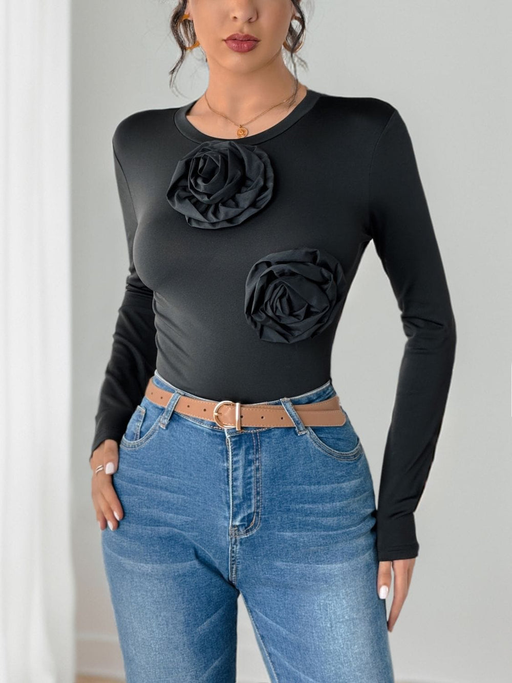 Perfee Flower Round Neck Long Sleeve Bodysuit - Trendsi