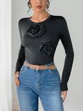 Perfee Flower Round Neck Long Sleeve Bodysuit - Trendsi