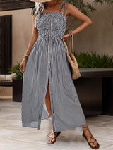 Tied Smocked Striped Sleeveless Midi Dress - Trendsi - Flyclothing LLC