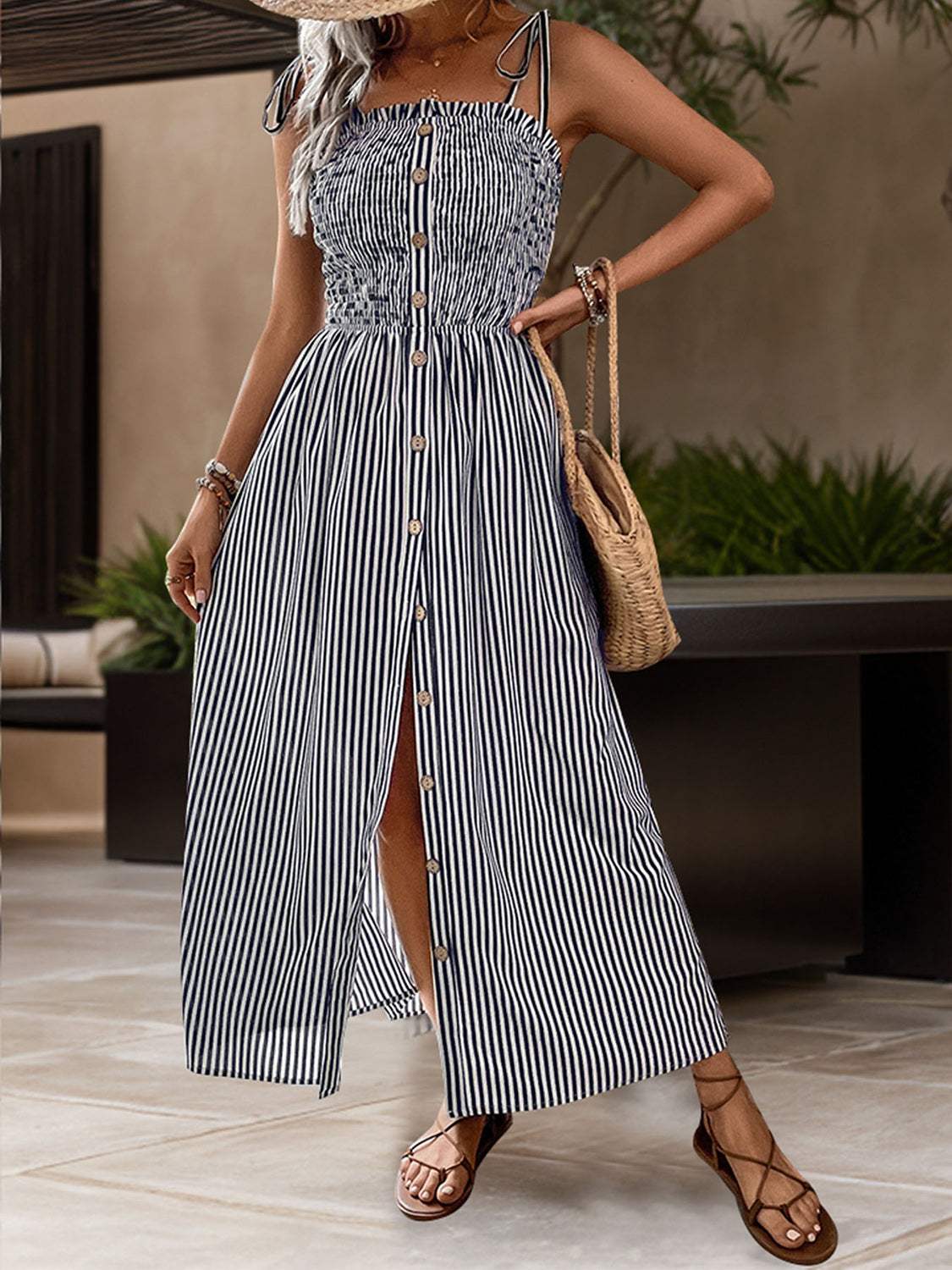 Tied Smocked Striped Sleeveless Midi Dress - Trendsi - Flyclothing LLC
