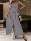 Tied Smocked Striped Sleeveless Midi Dress - Trendsi