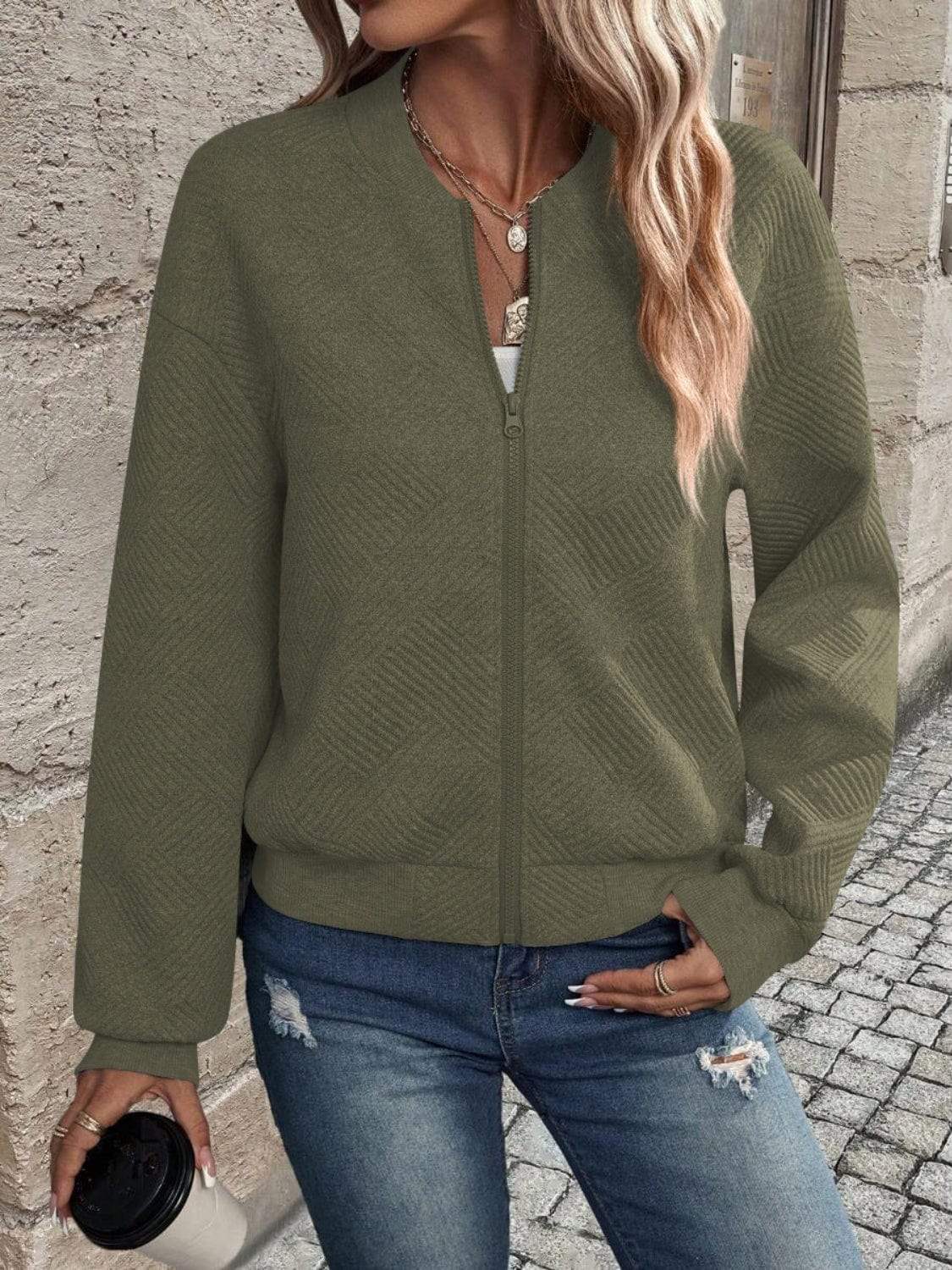 Textured Zip Up Long Sleeve Jacket - Trendsi - Flyclothing LLC