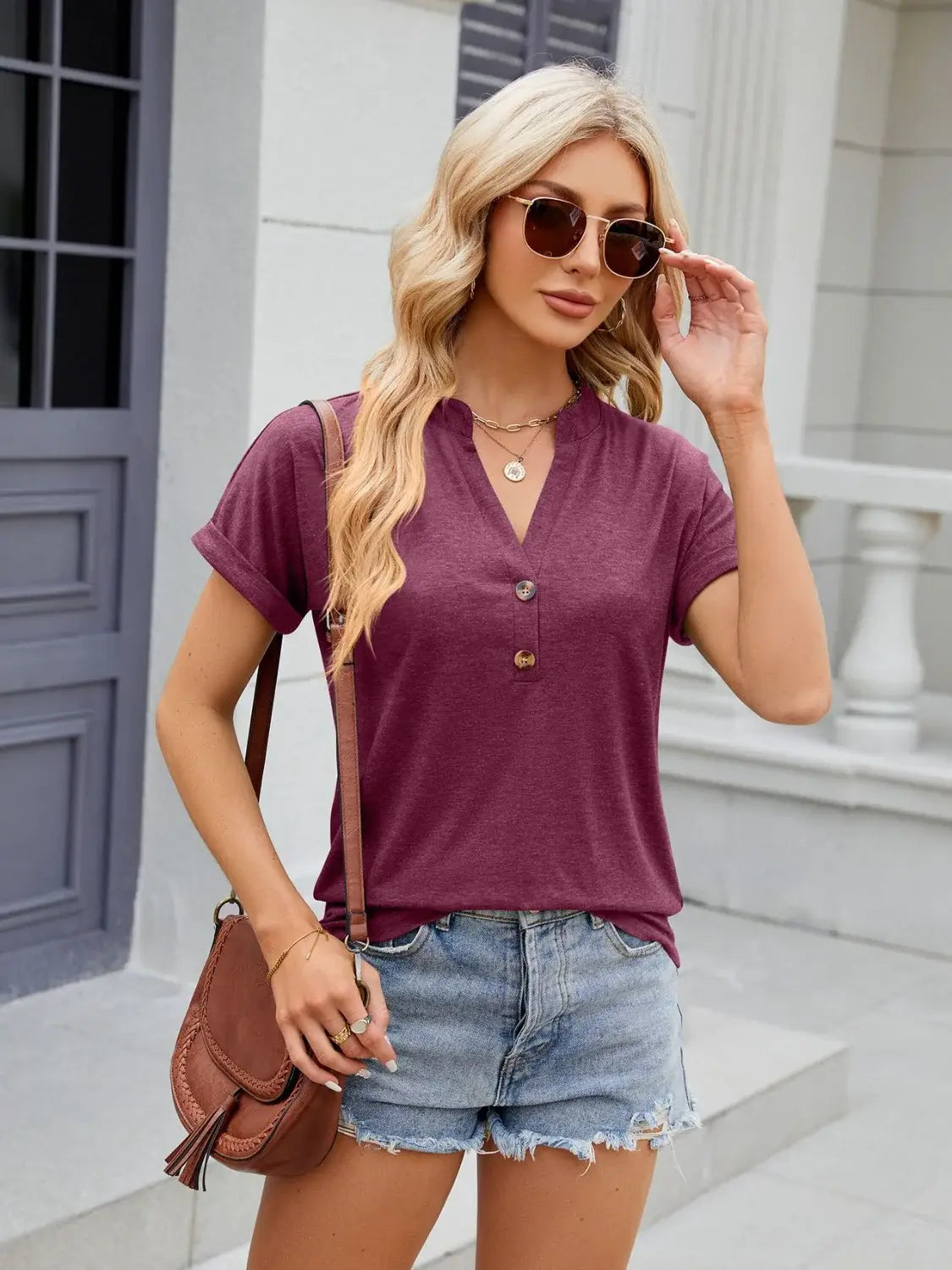 Florira Notched Short Sleeve T-Shirt - Trendsi - Flyclothing LLC
